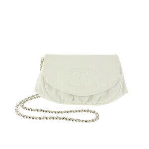 Chanel Half Moon Chain Wallet Shoulder Bag Coco Mark Caviar White